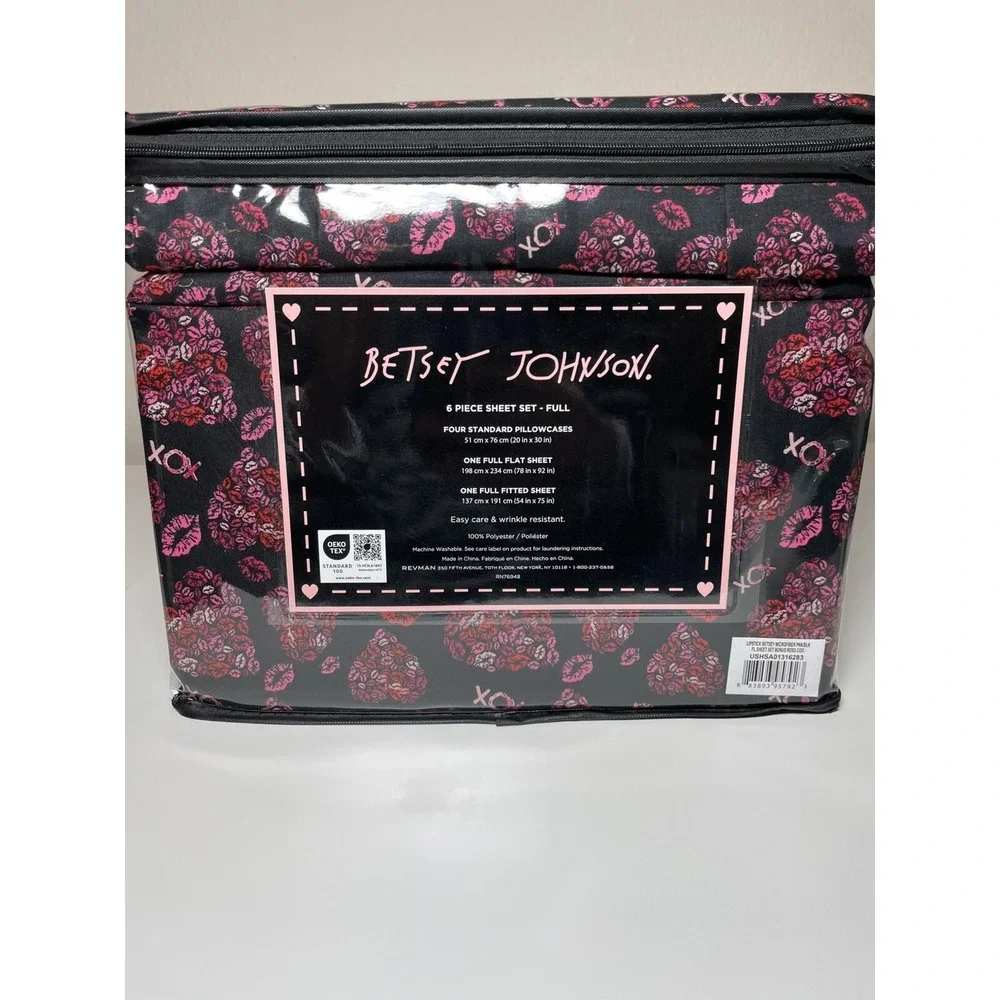 Betsey Johnson 6 Pc FULL Sheet Set w/4 Pillowcases Black‎ Pink Hearts Lipstick